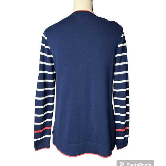 Crown & Ivy Women's Sweater Blue Size Small w/Orange Anchor and Striped Sleeves - Picture 3 of 5